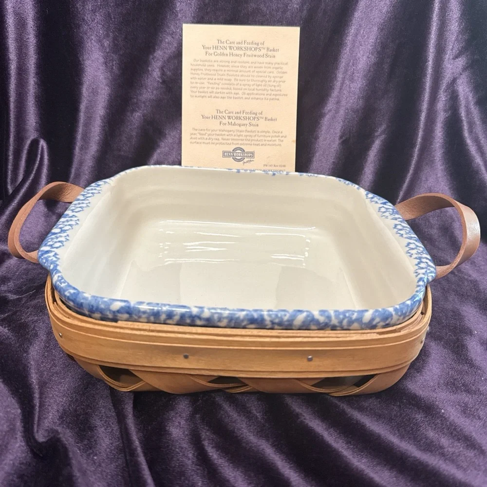 Henn Workshops Blue Sponge Collection casserole dish in a wooden basket